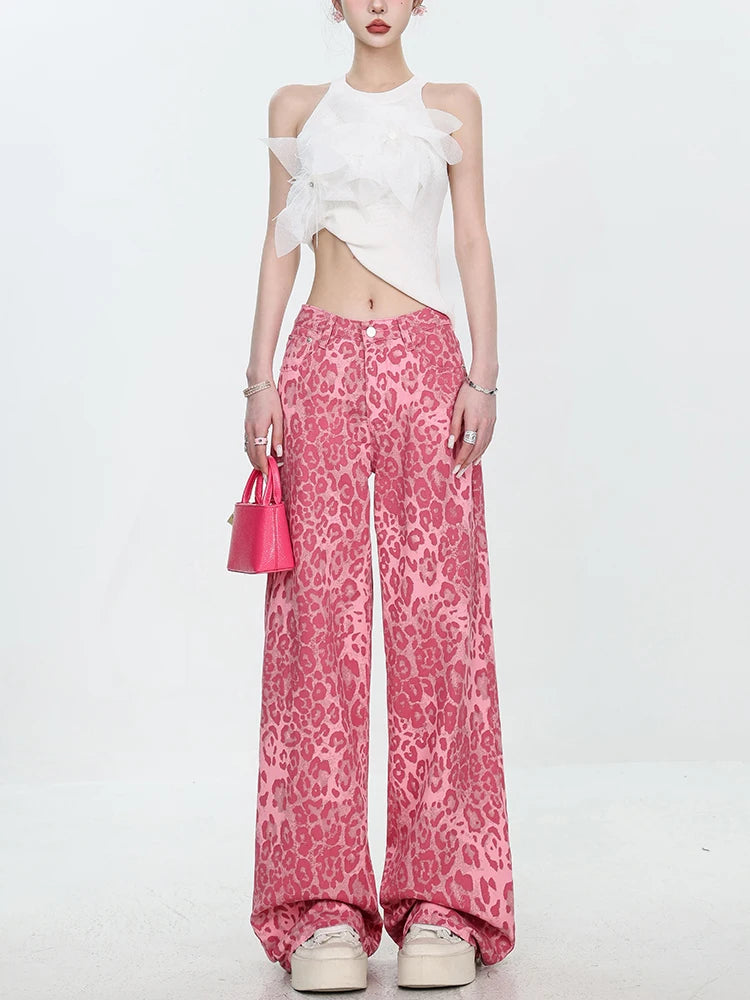 Leopard Print Baggy Wide Leg Jeans