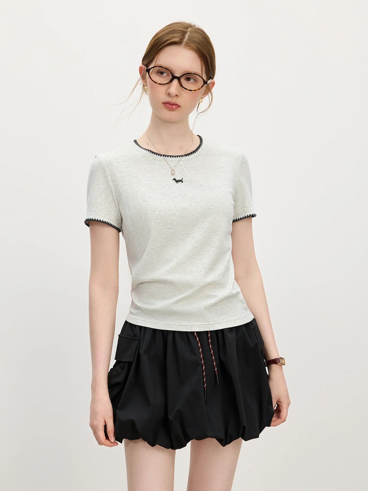 Embroidered Puppy Contrast Color Short T-Shirt