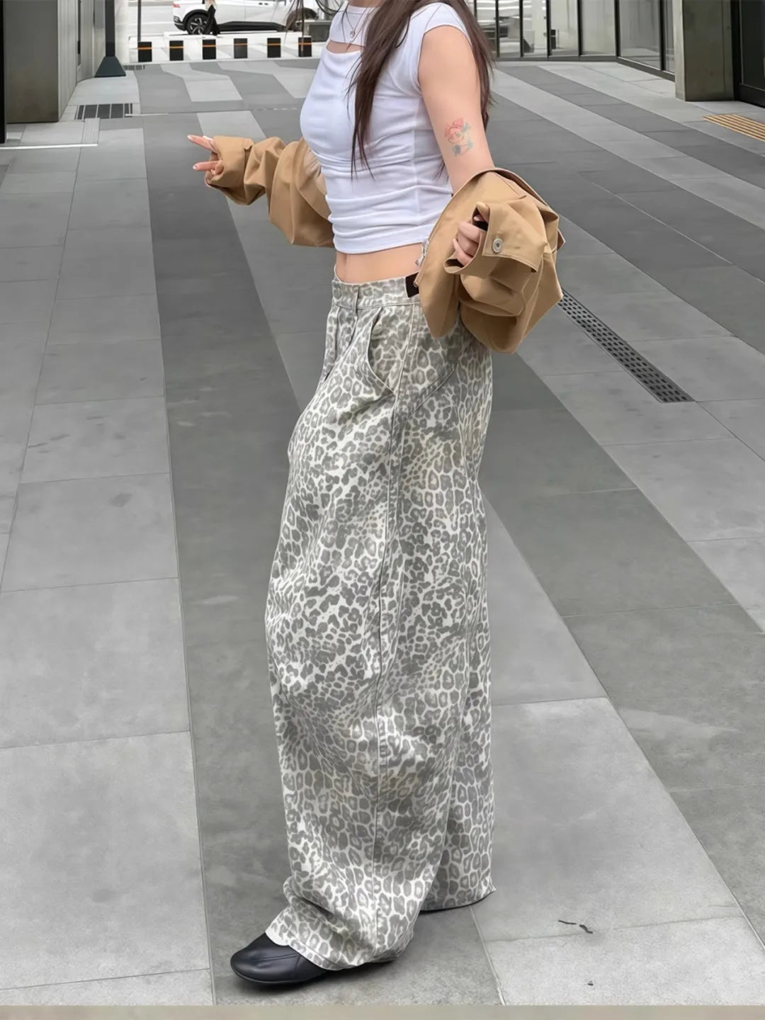 Leopard Print Loose Fit Denim Jeans