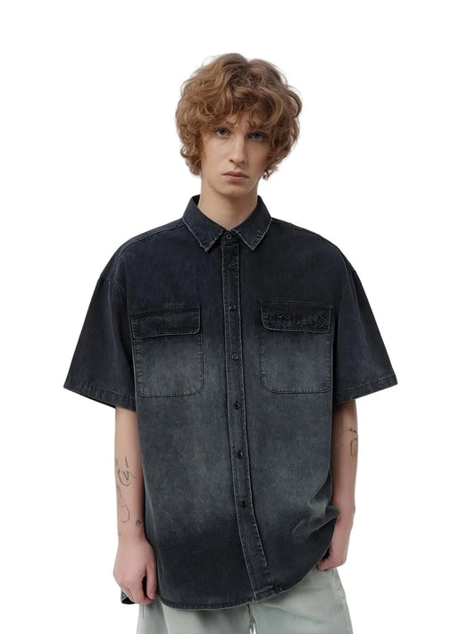Vintage Distressed Denim Short Sleeve Shirt