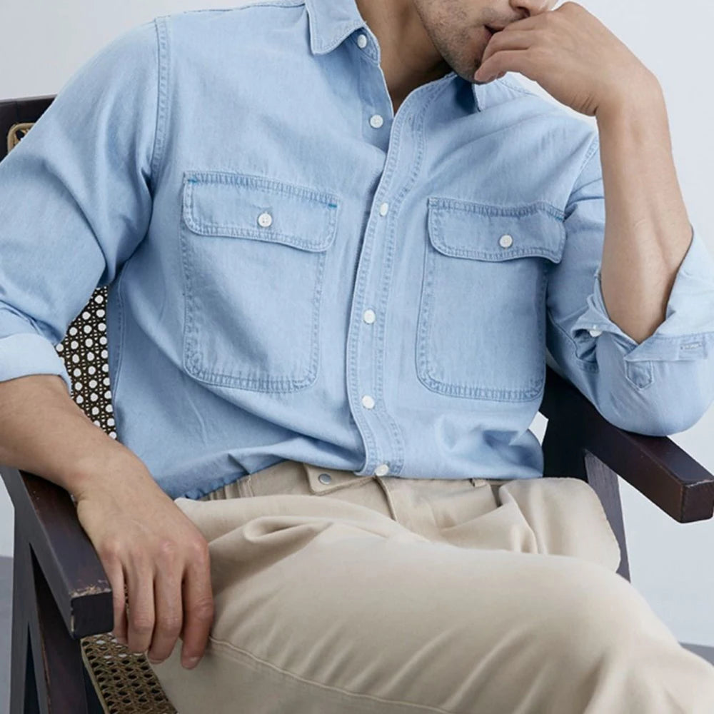 Moisture-Wicking Long-Sleeve Denim Shirt