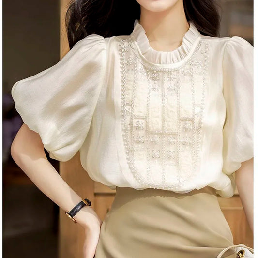 Chic Crochet Patchwork Lantern Sleeve Shirt