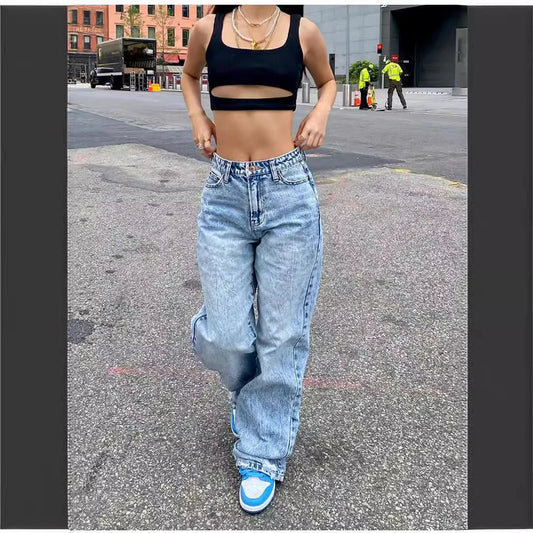 Solid Distressed Denim Straight Jeans