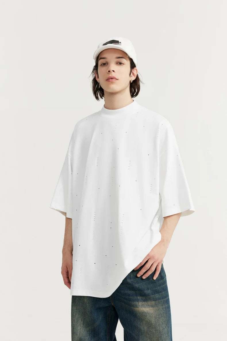 Heavyweight Ripped Mock Neck Cotton T-Shirt