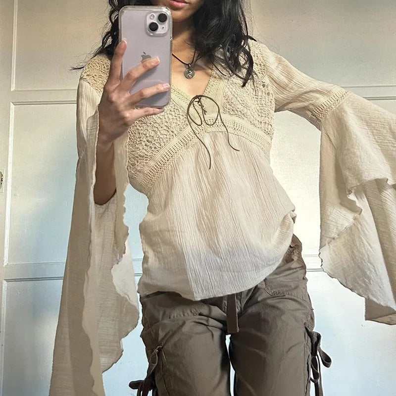 Retro Casual Lace-Up V-Neck T-Shirt
