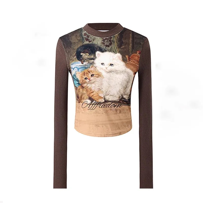 Japanese Y2K Cat Print Crop T-Shirt