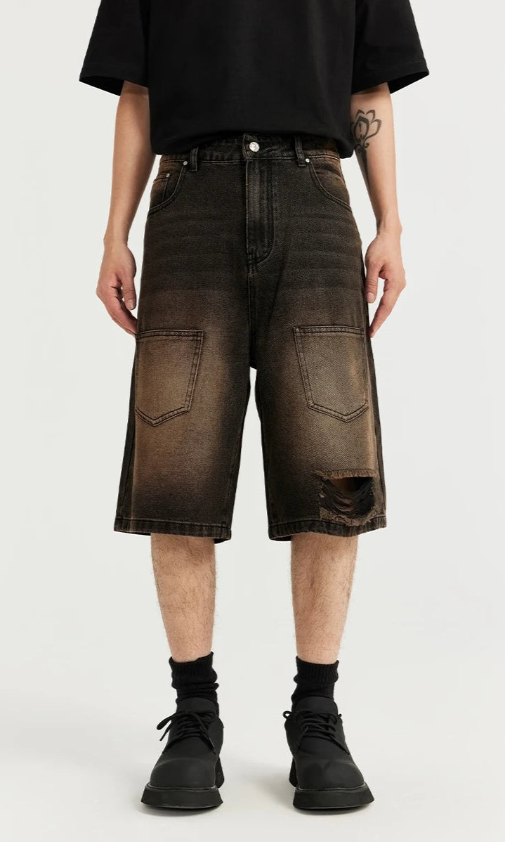 Vintage Ripped Distressed Cargo Denim Shorts