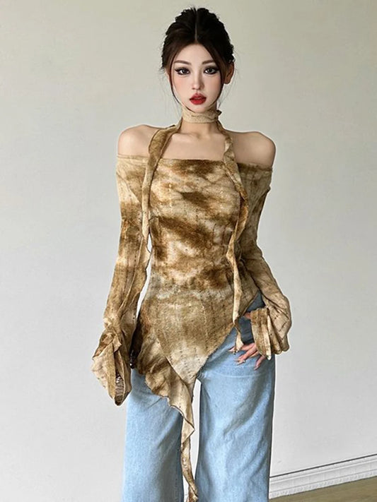 Gothic Lace-Up Slim Off-Shoulder T-Shirt