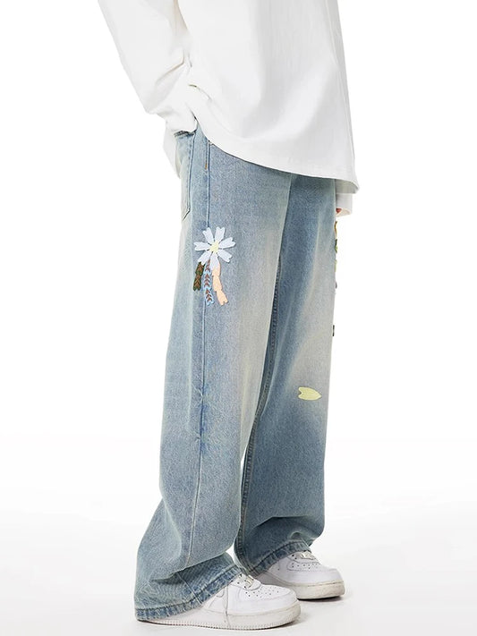 Blue Vintage Floral Embroidery High Jeans