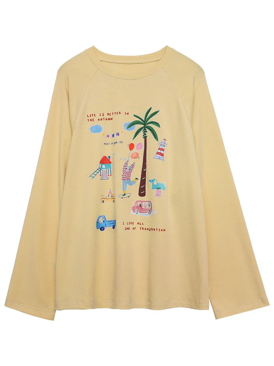 Loose Round Neck Cartoon Print T-Shirt
