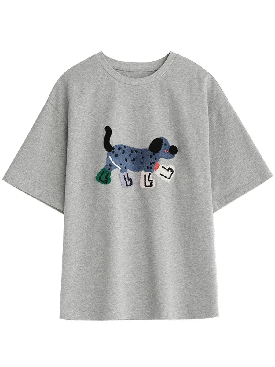 Embroidered Dog Print Chic Ven T-Shirt