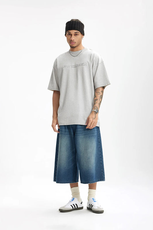 Vintage Embroidered Heavyweight Cotton Casual T-Shirt
