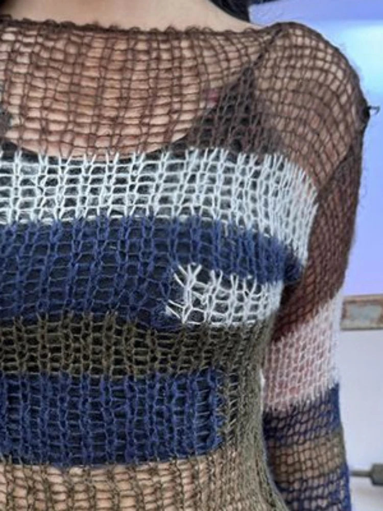 Gothic Hollow Knitted Sweater Contrast Stripe