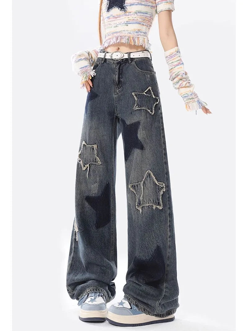 Retro American Star Splicing Wide Jeans