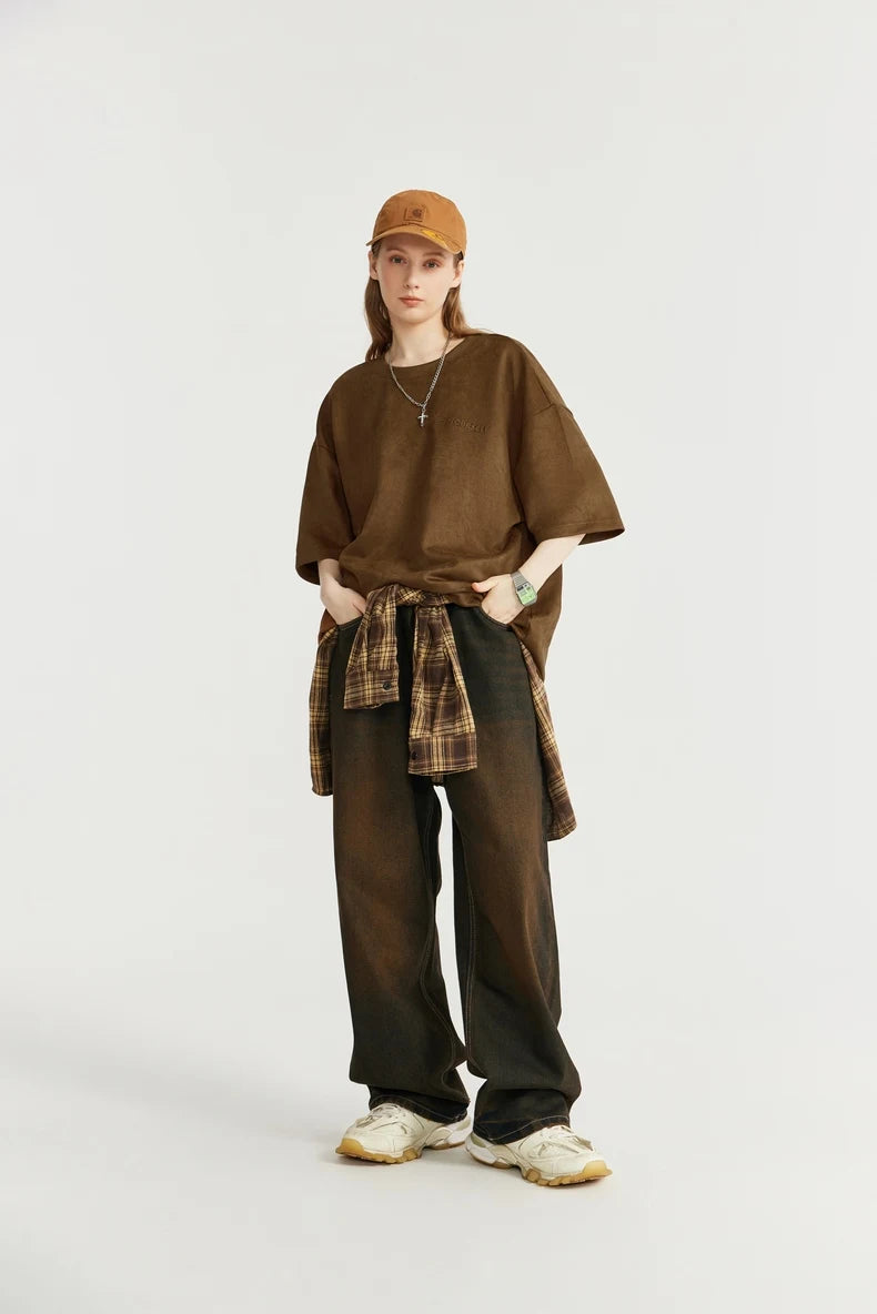 Embroidered Oversized Suede T-Shirt