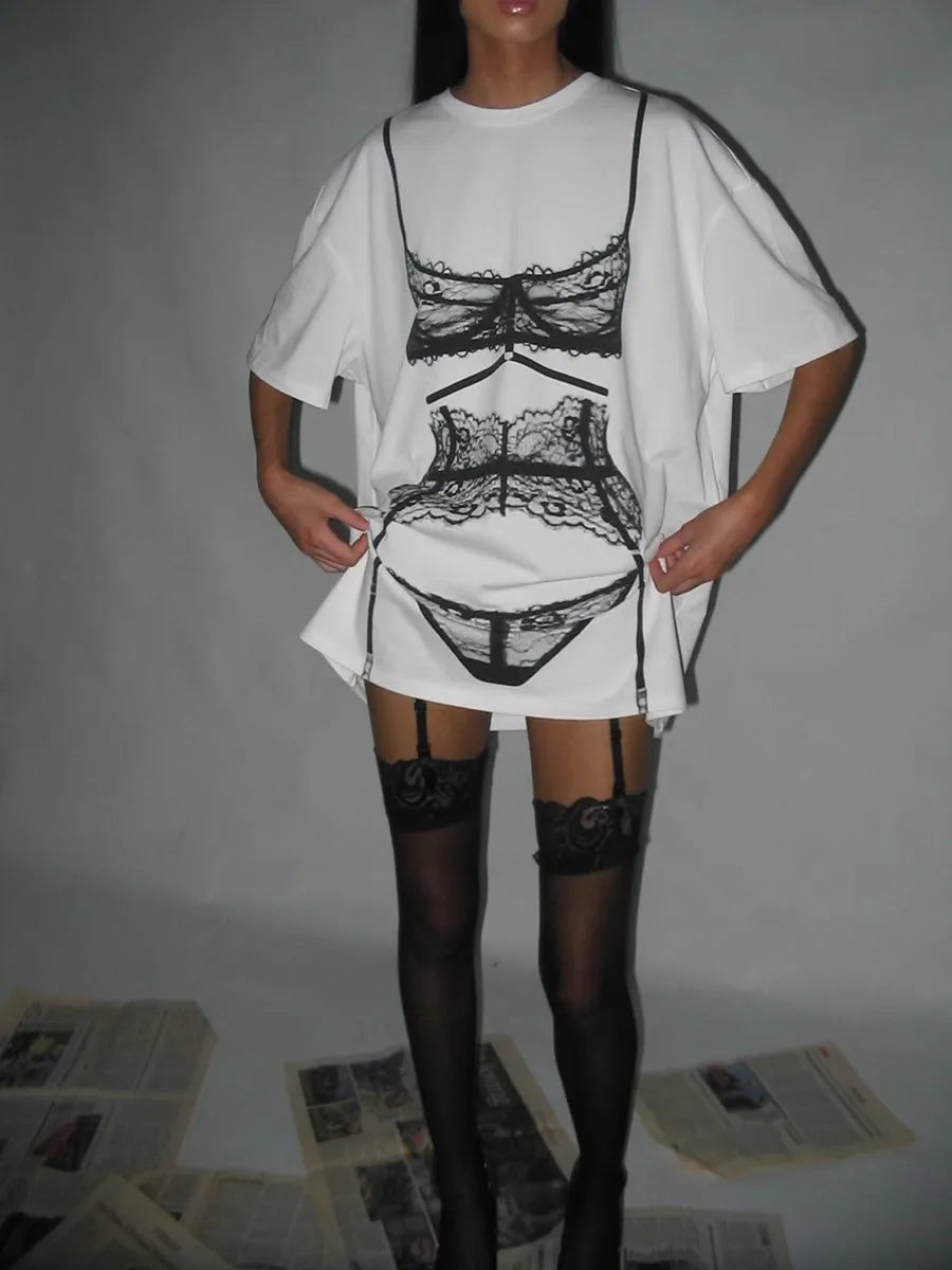 Y2K Perspective Printing Loose White T-Shirt