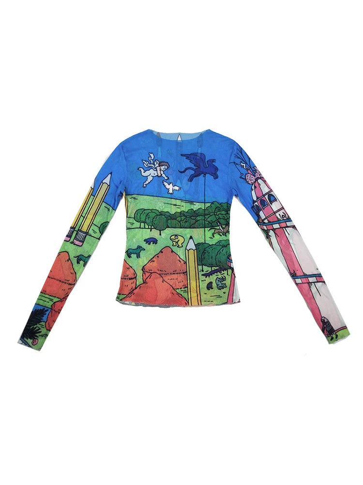 Sheer Mesh Long Sleeve Graphic T-Shirt