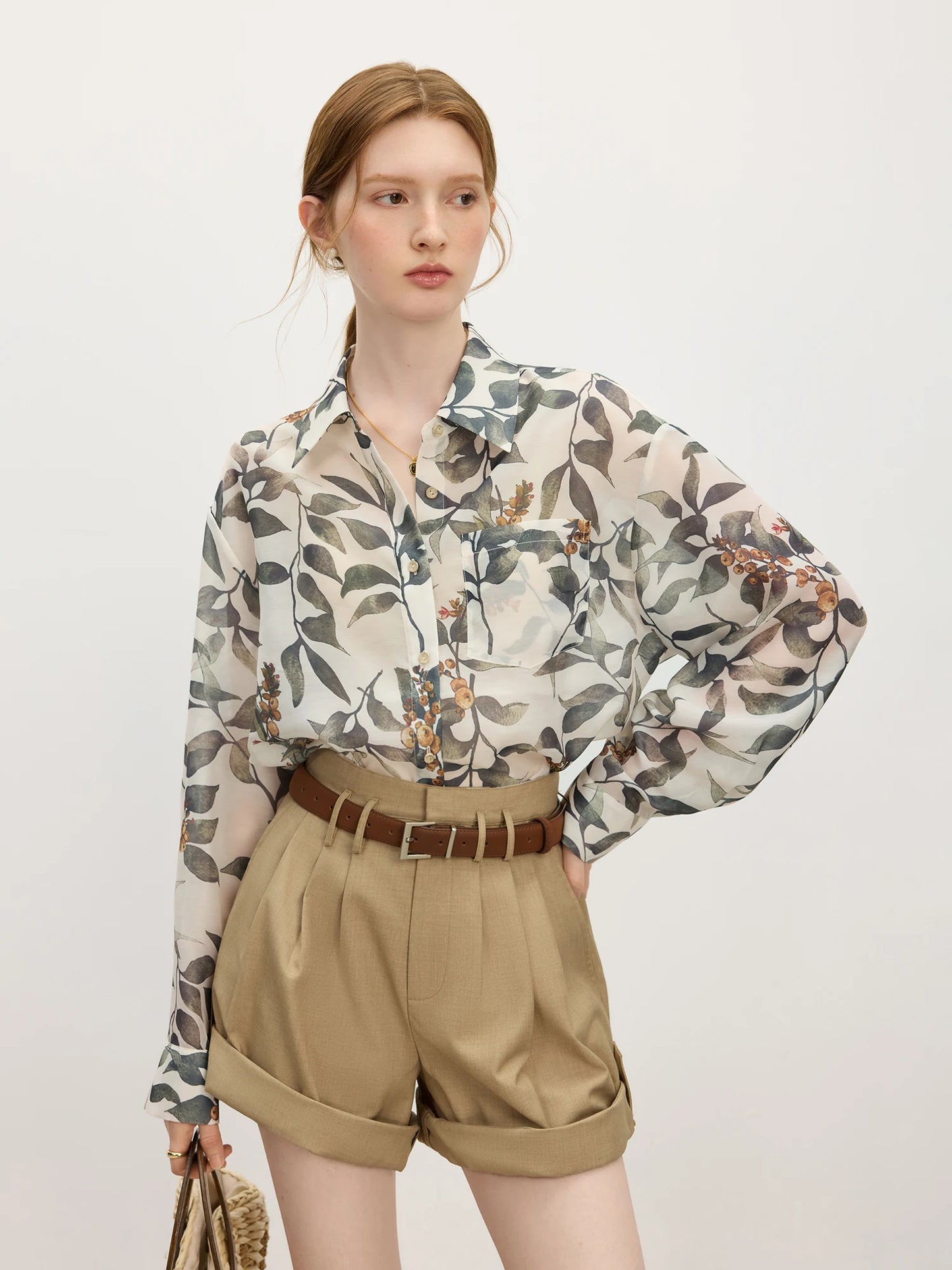 Chic Holiday Plant Print Loose Shirt
