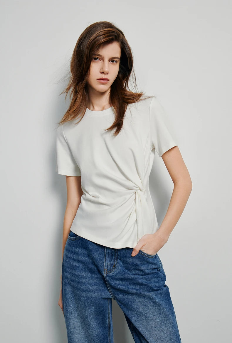 Pleated Tie Irregular Crop T-shirt