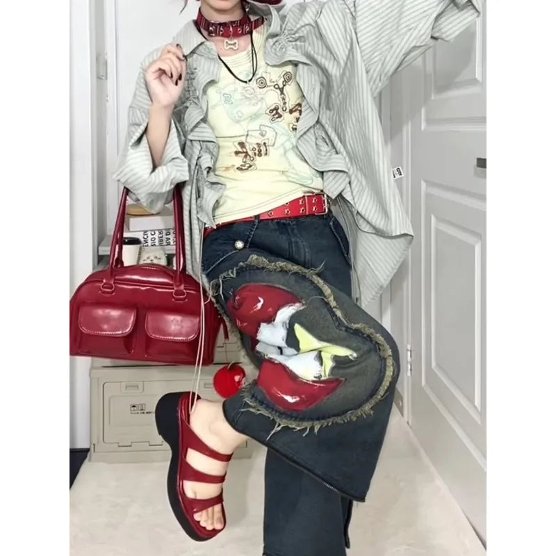American Retro Graffiti Print Cargo Jeans