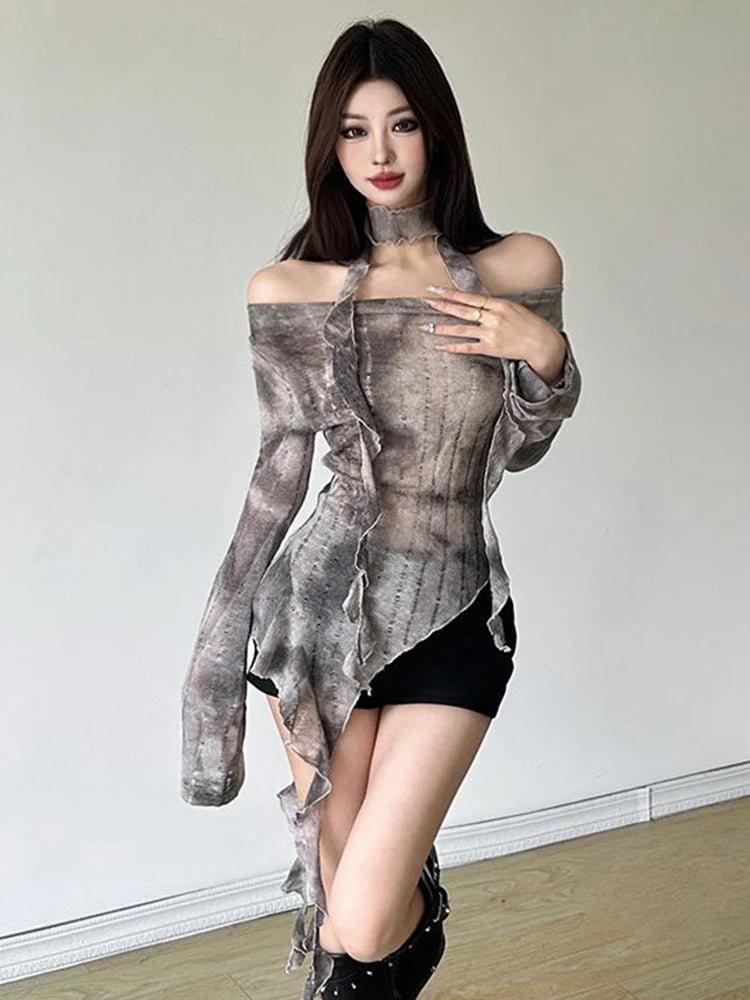 Gothic Lace-Up Slim Off-Shoulder T-Shirt