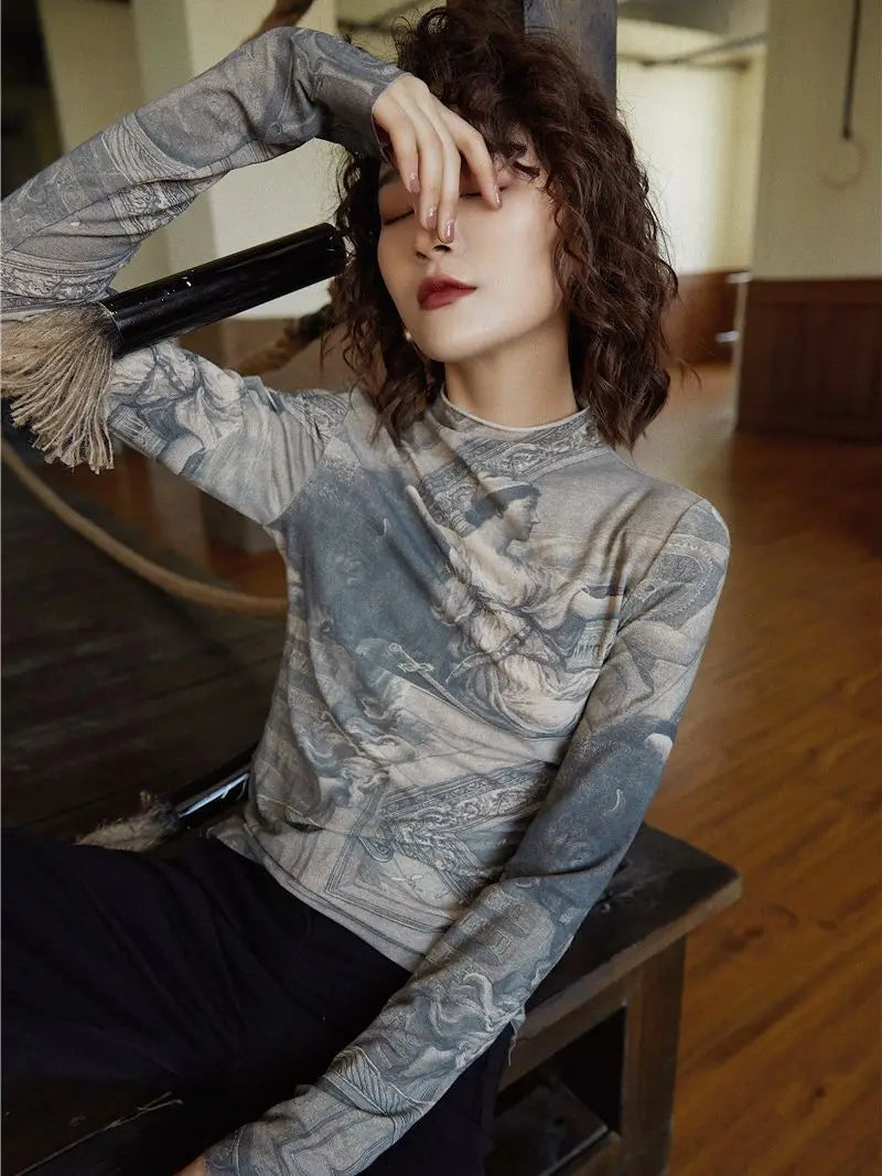 Renaissance Print Vintage Turtleneck Long Sleeve