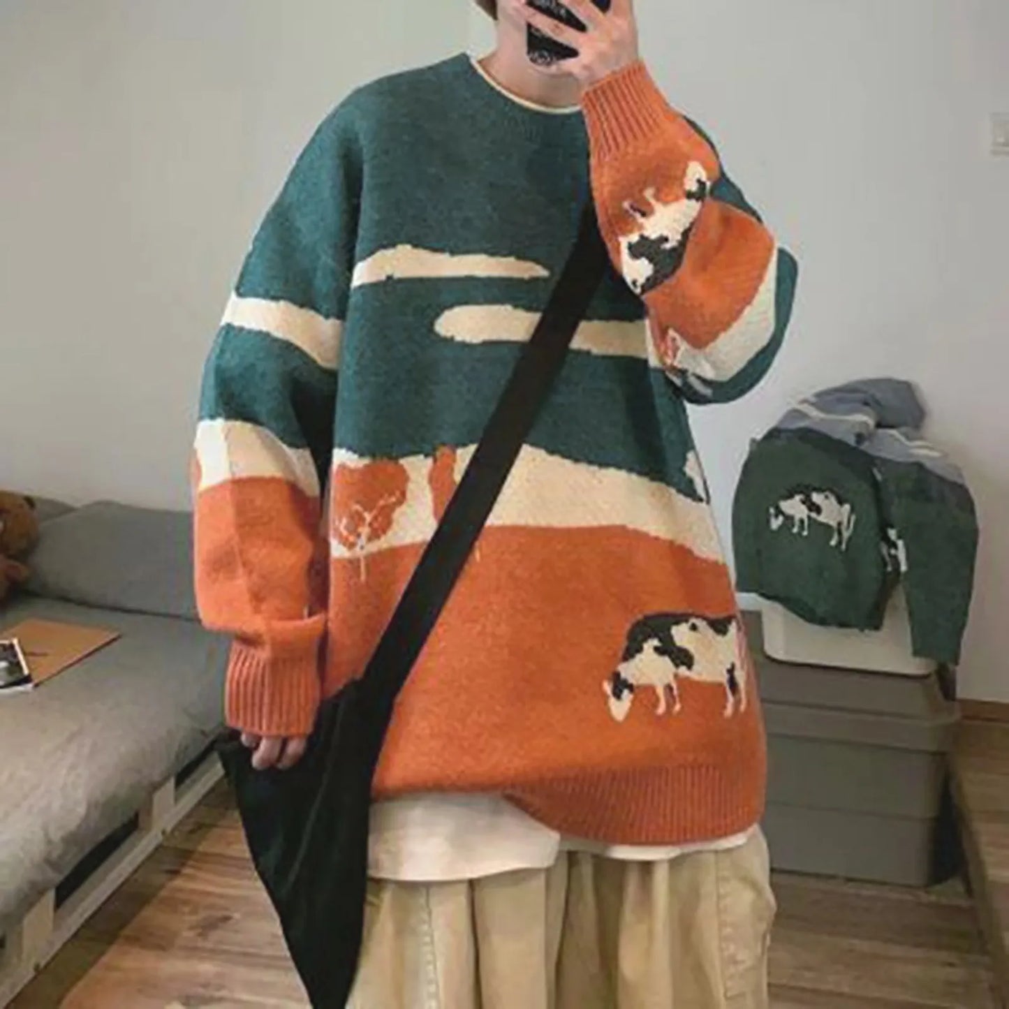 Vintage Winter Cows Print Sweaters Pullover