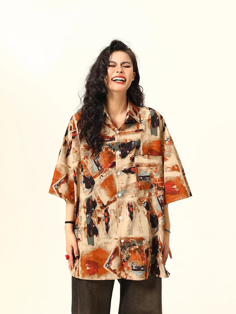 Vintage Oil Painting Print Loose Shirt
