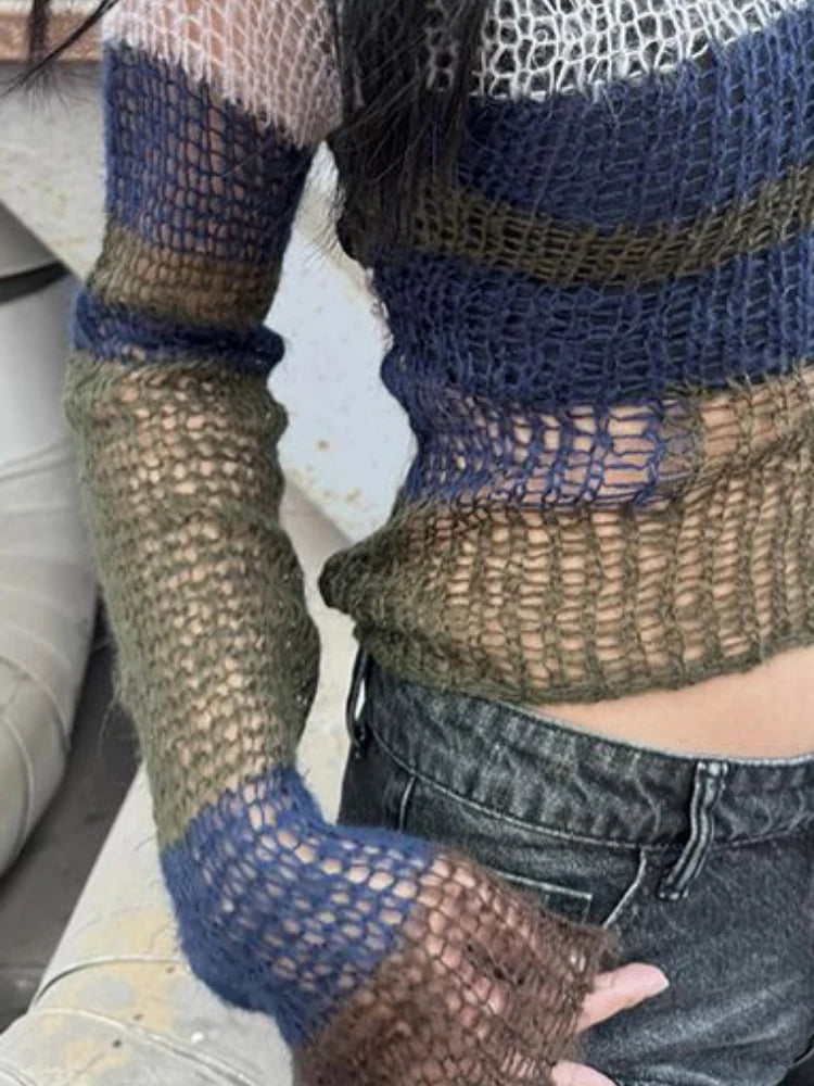Gothic Hollow Knitted Sweater Contrast Stripe