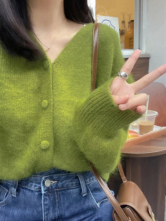 Green V-Neck Knitted Cardigan Sweater