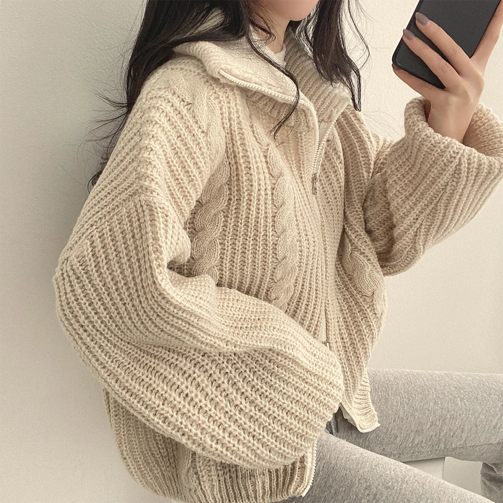 Cozy Oversized Knitted Zipper Cardigan Sweater
