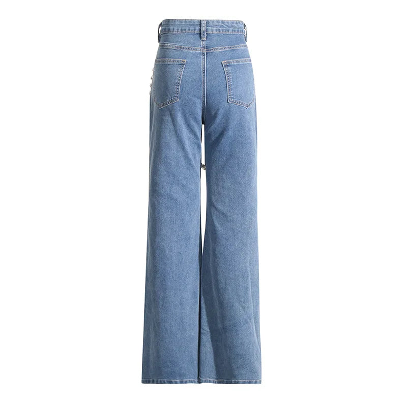 Elegant Rhinestone High Waist Loose Jeans
