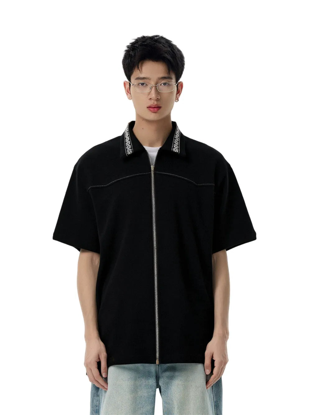 Retro Spliced Embroidered Lapel Zipper Shirt