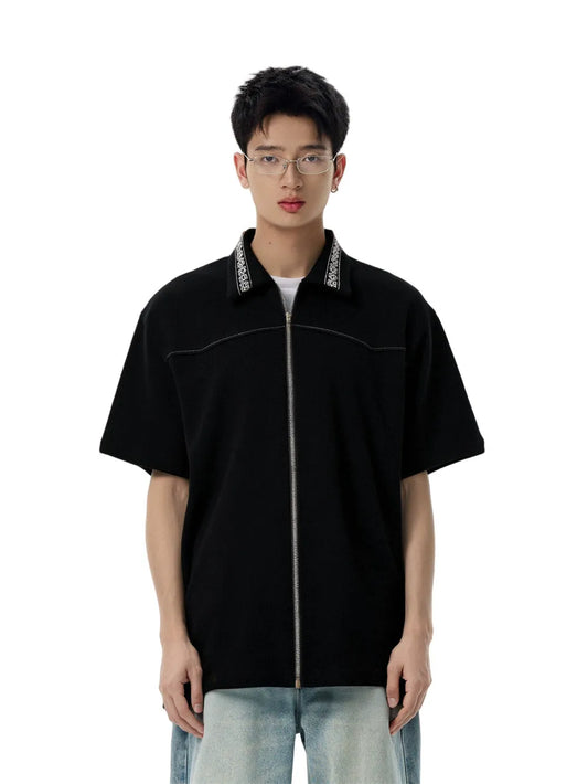 Retro Spliced Embroidered Lapel Zipper Shirt