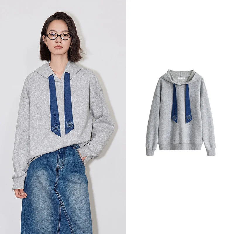 Embroidered Floral Drawstring Hoodie Sweatshirt