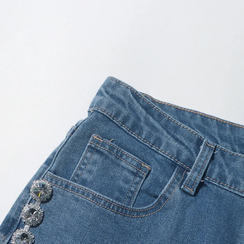 Elegant Rhinestone High Waist Loose Jeans