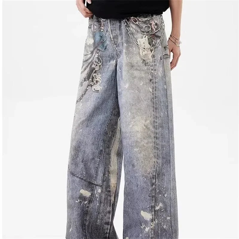3D Printed Baggy Straight Leg Jeans