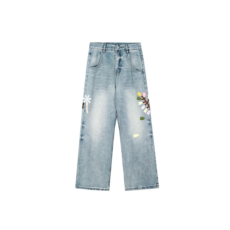 Blue Vintage Floral Embroidery High Jeans