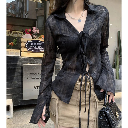 Lace Up Long Sleeve Blouse Shirt