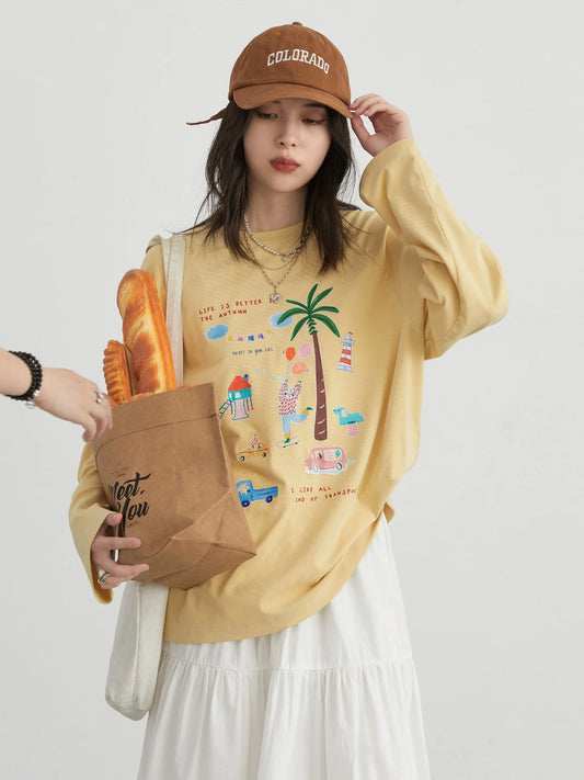 Loose Round Neck Cartoon Print T-Shirt