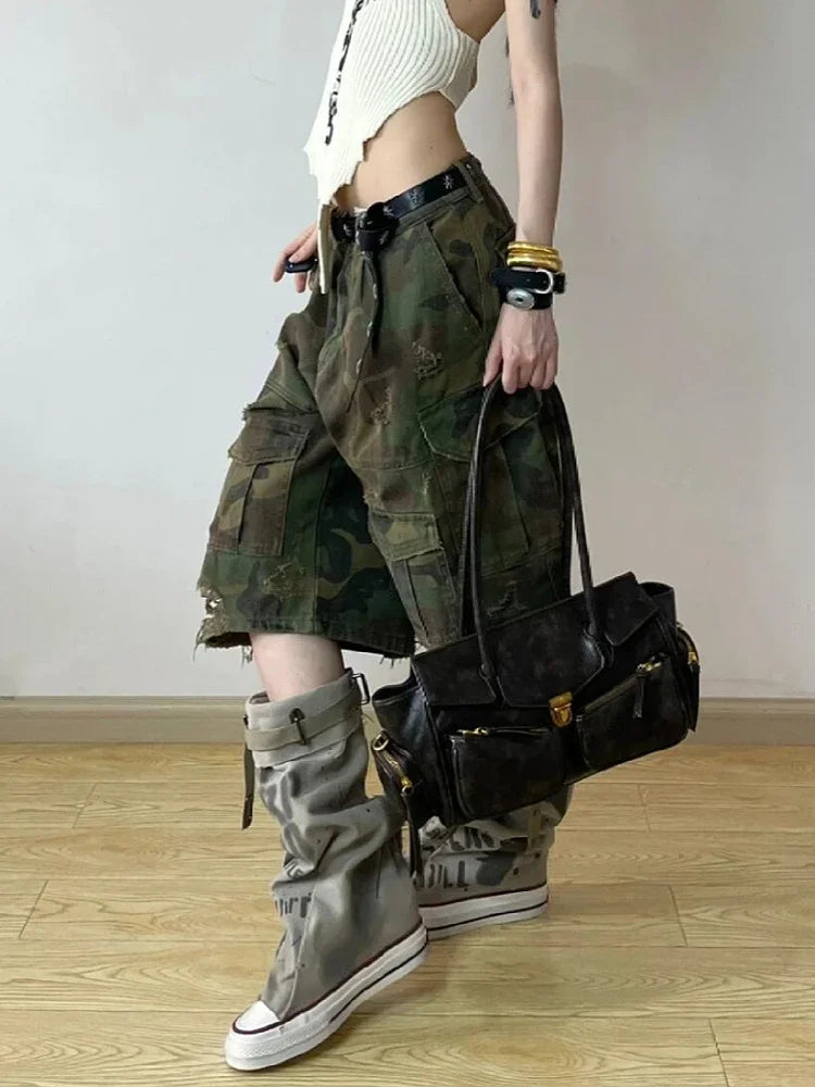 Vintage Camouflage Green High Waist Jeans
