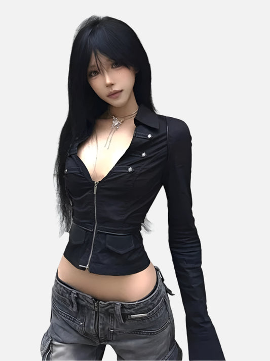 Sexy Double Zipper Grunge Cropped Shirt