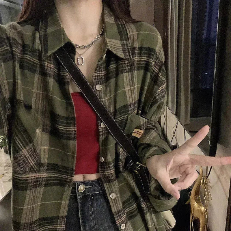 Vintage Oversize Green Plaid Blouse Shirt
