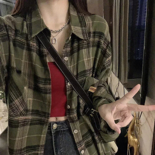 Vintage Oversize Green Plaid Blouse Shirt