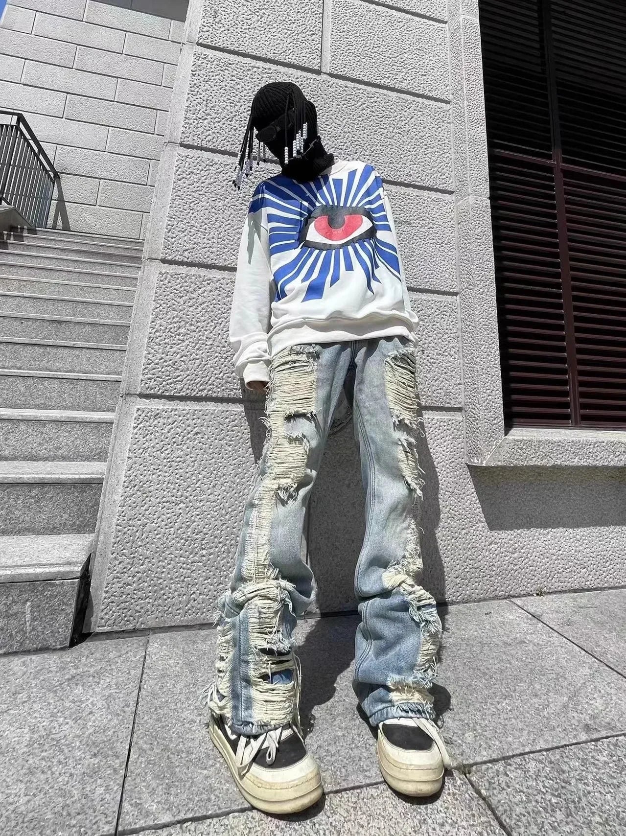 Distressed Ripped Cargo Flare Jeans