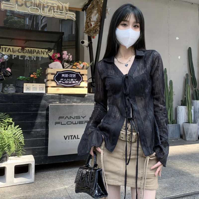 Lace Up Long Sleeve Blouse Shirt
