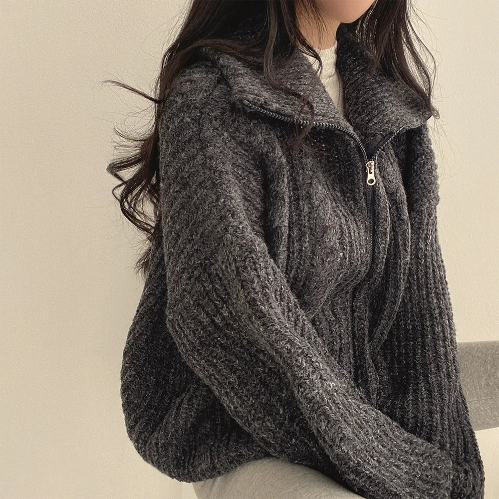 Cozy Oversized Knitted Zipper Cardigan Sweater
