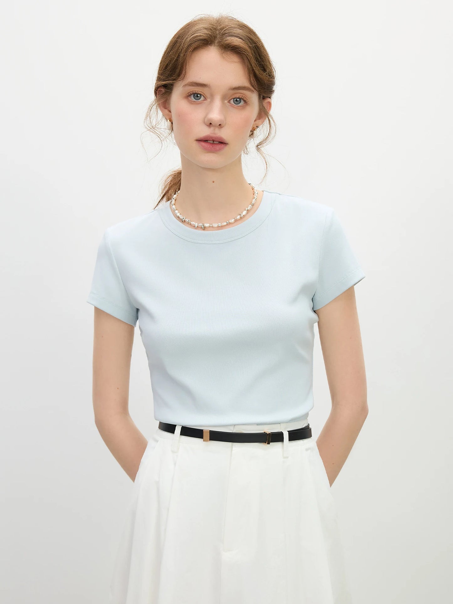 Pink Minimalist Style Straight Shoulder T-Shirt