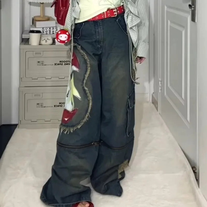 American Retro Graffiti Print Cargo Jeans