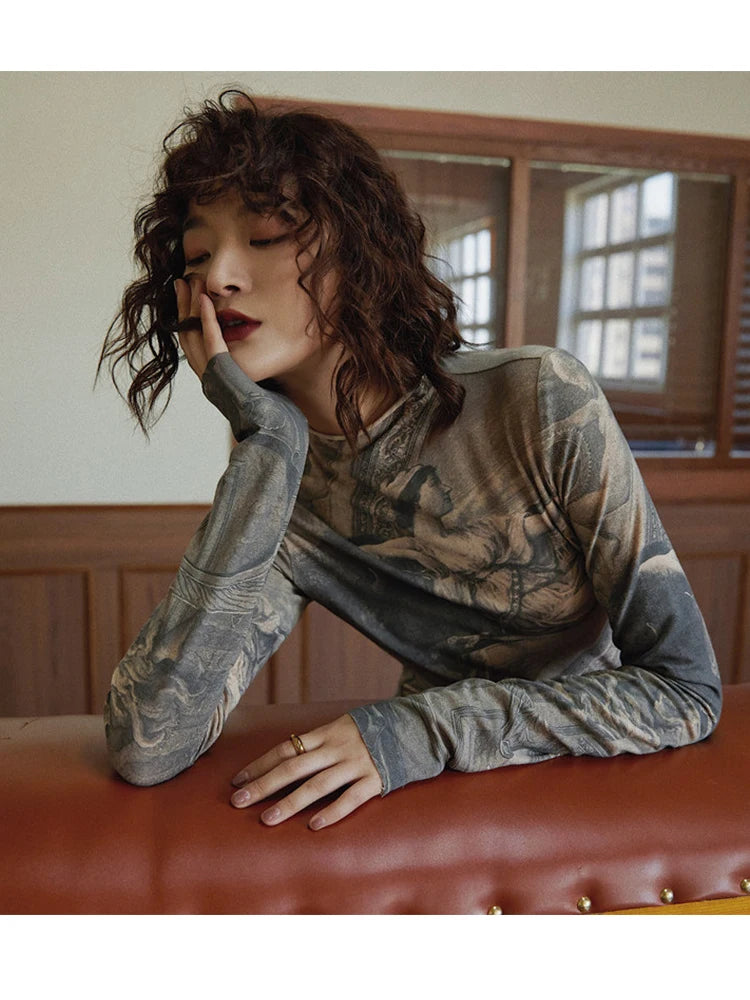 Renaissance Print Vintage Turtleneck Long Sleeve